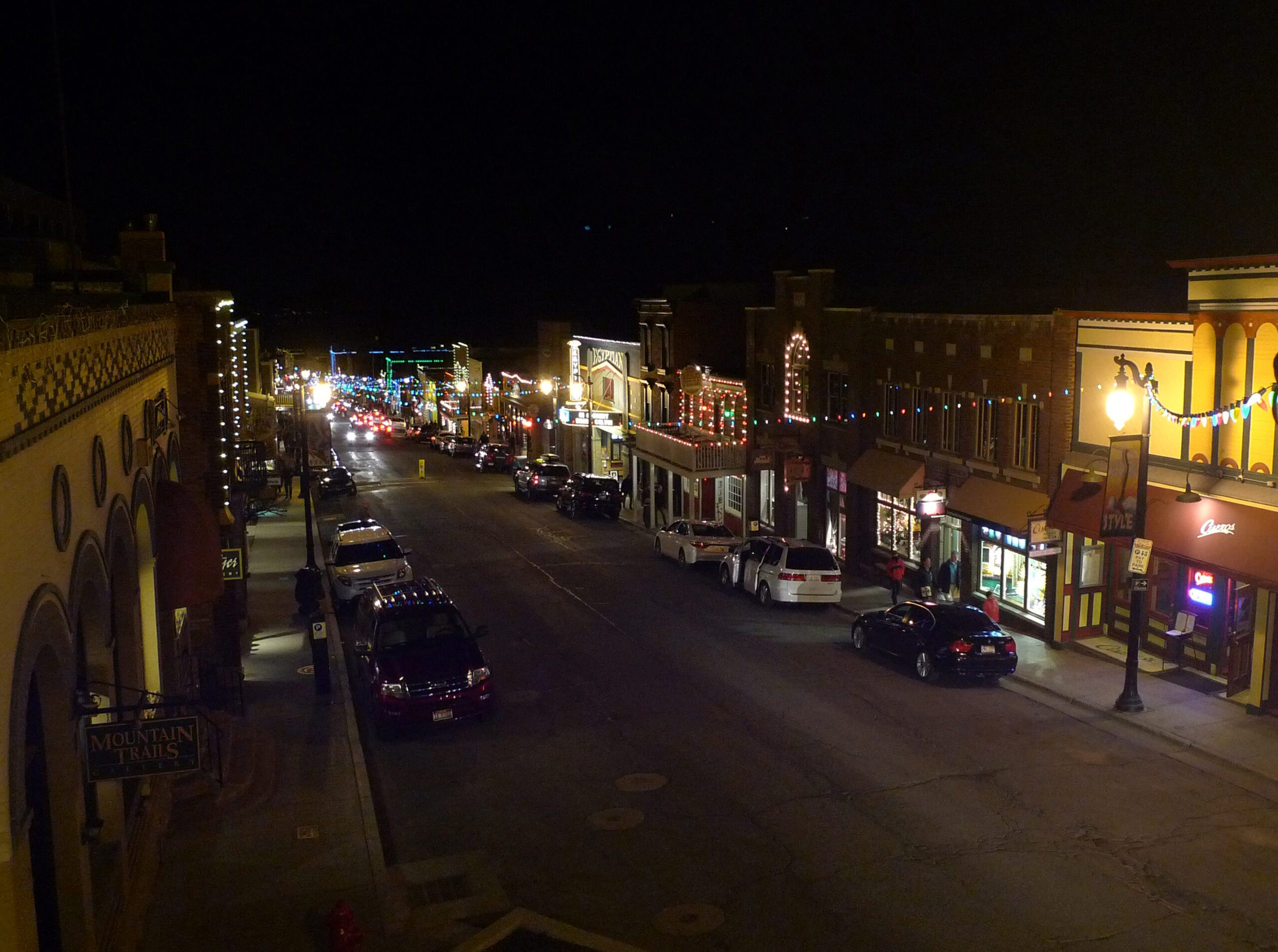 Historic Main Street in Park City, Utah looking down the hill in winter