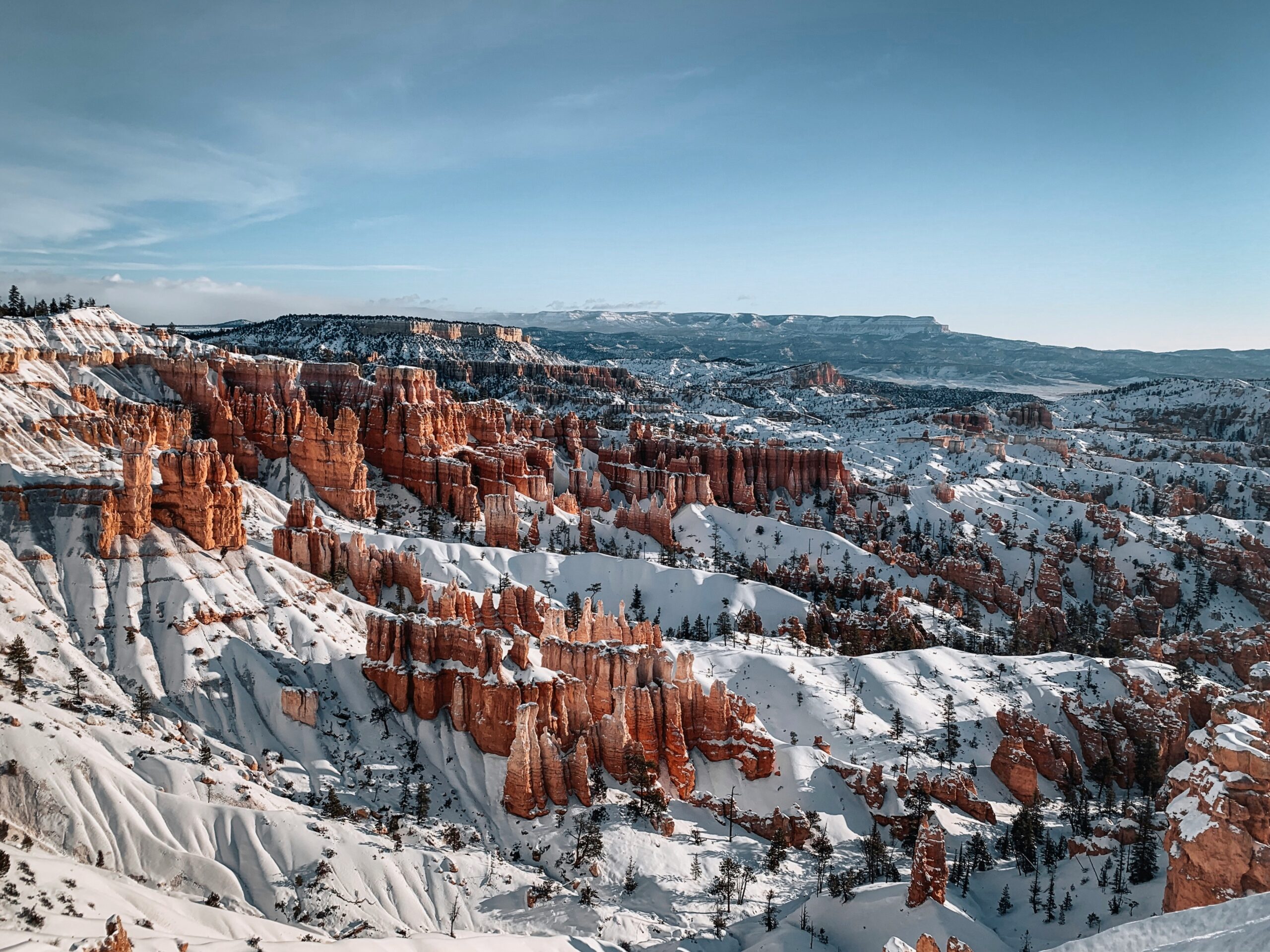 Snow-dusted hoodoos in Bryce Canyon National Park in winter