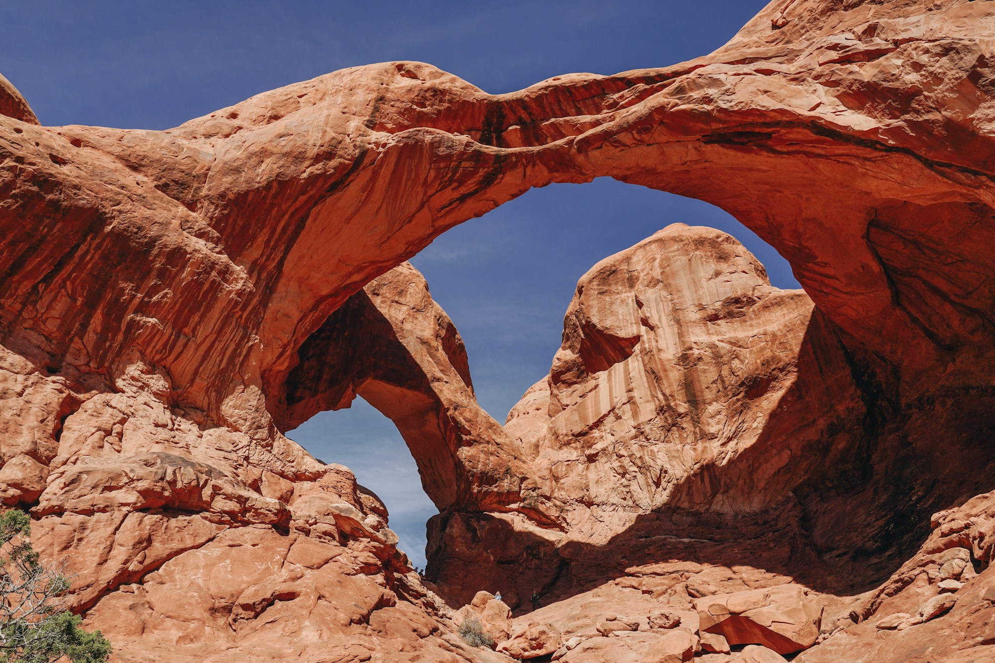 Double Arch in the Windows Section of Arches National Park, two sandstone spans sharing a base