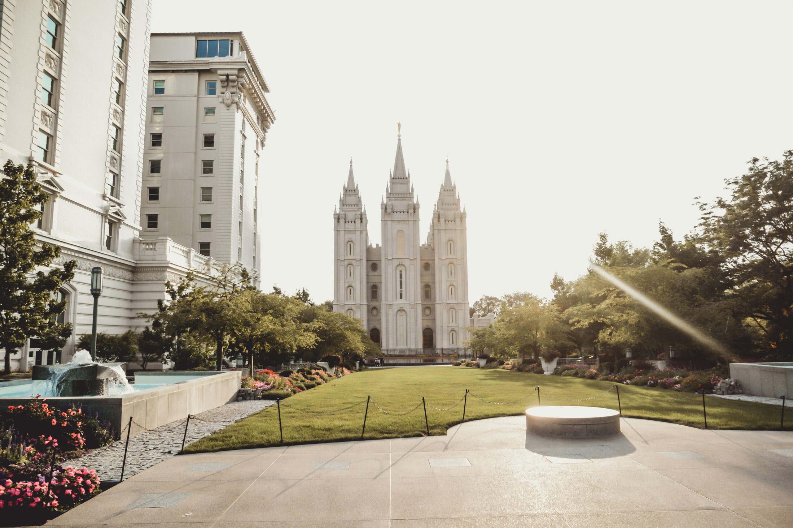 The white granite Salt Lake Temple in Temple Square, downtown Salt Lake City